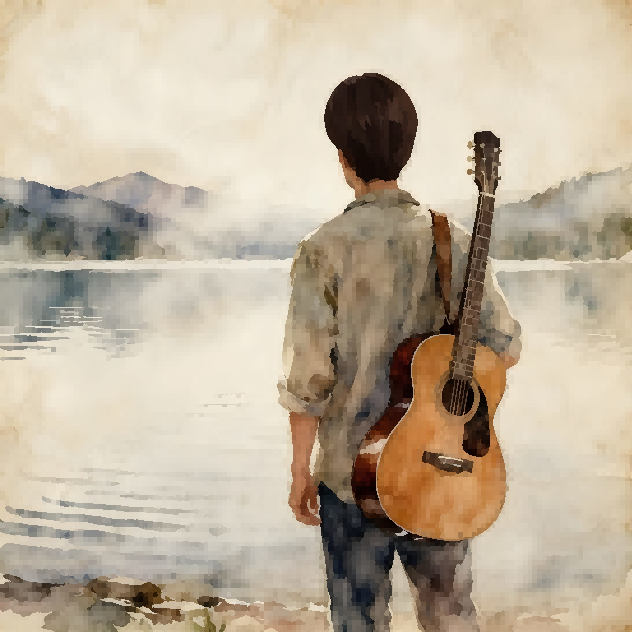 A water colour of a young man with a guitar looking out over a lake